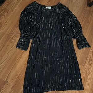 Argenti‎ Vintage Black Beaded Midi Dress Balloon Sleeves Evening Glam Retro Y2k